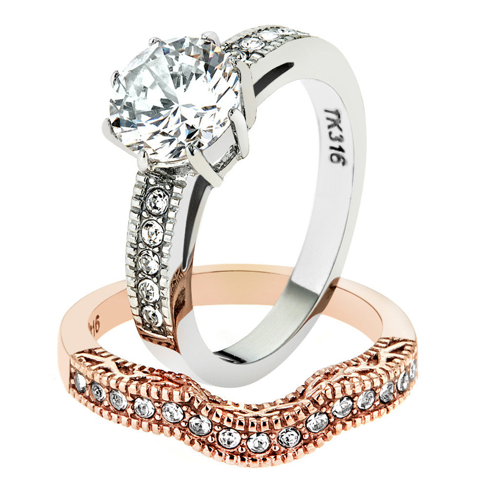 Stainless Steel 2.80 Ct Round Cut Zirconia Rose Gold IP Wedding Ring Set Sz 5-10